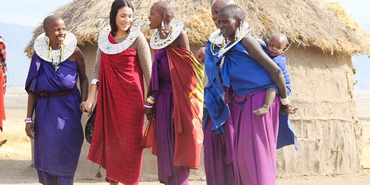 Young Woman Tourist Traditional Dance Maasai Mto wa Mbu Tanzania